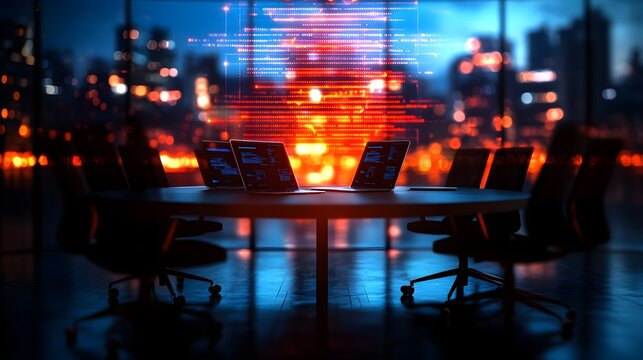 A modern tech team meeting around a sleek circular table, laptops open, gadgets spread out, and digital data projected in mid-air, surrounded by glass walls and city views