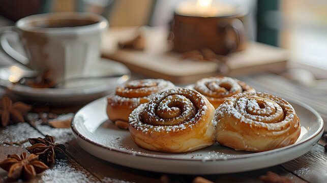 Cinnamon rolls served with a cup of coffee, captured using an ultra HD camera with a ring light for even illumination