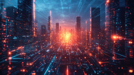 Fototapeta premium Futuristic city skyline glowing with vibrant lights and digital patterns at sunset