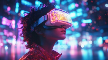 A young individual explores a vivid virtual realm filled with neon lights and futuristic technology in a creative urban setting