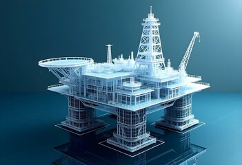 Detailed model of an offshore oil rig structure in a blue-lit environment