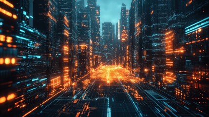 Obraz premium Futuristic cityscape illuminated by neon lights, showcasing vibrant technology and urban design in a breathtaking digital realm