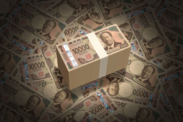 敷き詰められた新紙幣の一万円札と一千万円の札束