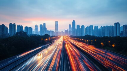 Vibrant cityscape at dusk showcases dynamic traffic streams and towering skyscrapers in an urban landscape