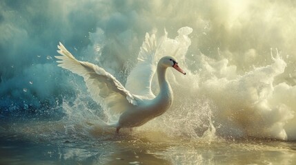 Fototapeta premium White swan with wings spread emerges from a wave of water.