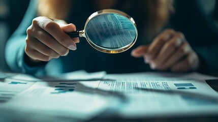 Woman holding a magnifying glass pointing at numbers on financial documents A finance search or accounting concept emphasizing the precision and detail needed in financial management