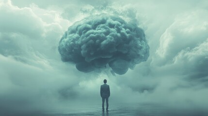 Businessman standing inside a brain-shaped room, with a storm cloud overhead, symbolizing stress and mental fatigue from work. Soft tones, surreal aesthetic