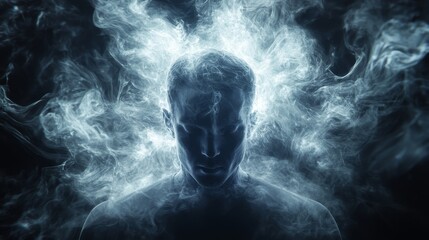 Businessman surrounded by ethereal swirling smoke, reflecting mental confusion, glowing tendrils of light within the smoke, black background, psychological tension, futuristic style, 3D render