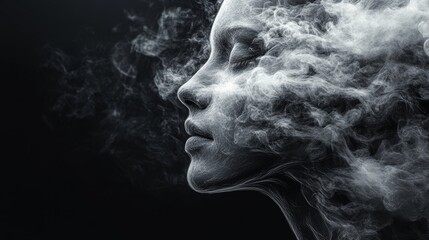 Businessman's face fragmented into tendrils of smoke, dissolving into the dark void, symbolic of mental fog, monochrome color scheme, high-detail digital rendering, moody atmosphere
