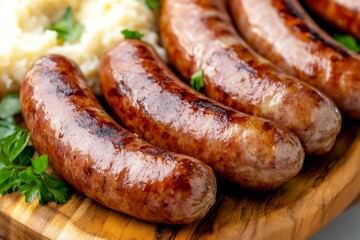 a traditional Oktoberfest table setting with a large wooden platter of German sausages sauerkraut mashed potatoes and pretzels accompanied by glass steins of beer captured in rustic warm tones