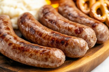 a traditional Oktoberfest table setting with a large wooden platter of German sausages sauerkraut mashed potatoes and pretzels accompanied by glass steins of beer captured in rustic warm tones