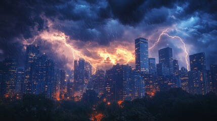 Fototapeta premium City skyline under attack by a powerful lightning storm, skyscrapers illuminated by jagged lightning bolts, rain pouring down as the storm intensifies