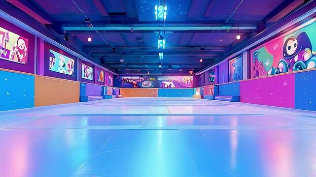 the roller rink  with  the neon lights  on and  the big screen  showing  the characters