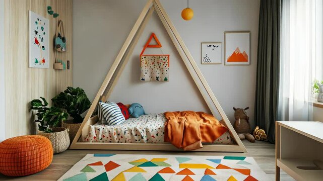 A cozy children's bedroom features a wooden bed frame designed as a teepee, complete with a colorful patterned rug and a plush orange ottoman
