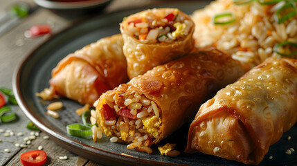 Egg rolls served with a side of fried rice, captured using an ultra HD camera with a ring light for even illumination