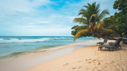 Relaxing on a Tranquil Tropical Beach With Soft Sand and Gentle Waves Under a Bright Blue Sky. Generative AI