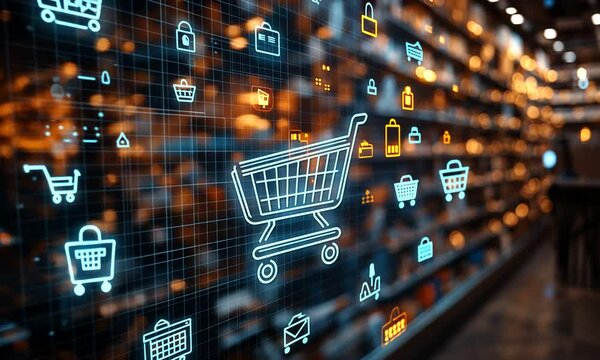 Digital shopping interface with icons and a cart illustration.