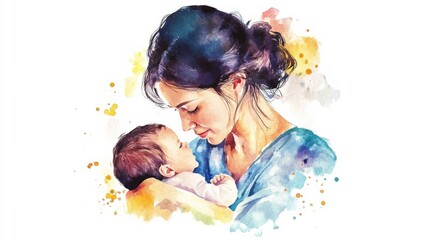 A Nurturing Mother Breastfeeding Her Baby in a Serene Watercolor, Celebrating Motherhood. Generative AI Art