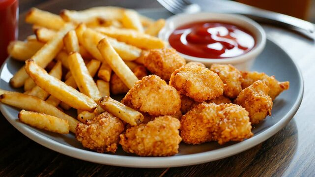 Crispy chicken nuggets with french fries and ketchup on a grey plate