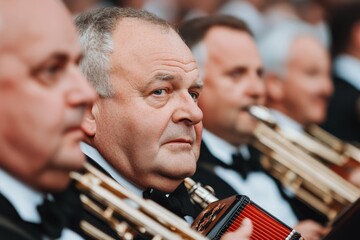 an Oktoberfest band playing traditional German music with brass instruments and accordions dressed...