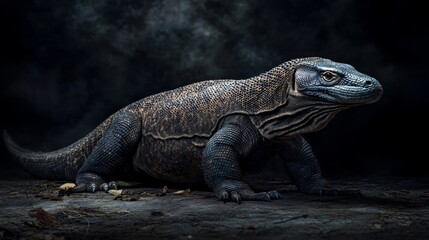 Obraz premium A Komodo dragon sits on a rocky surface, its dark scales and powerful build visible against a smoky background.