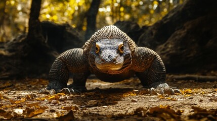Obraz premium A Komodo dragon stares intensely at the camera, standing in a forest.