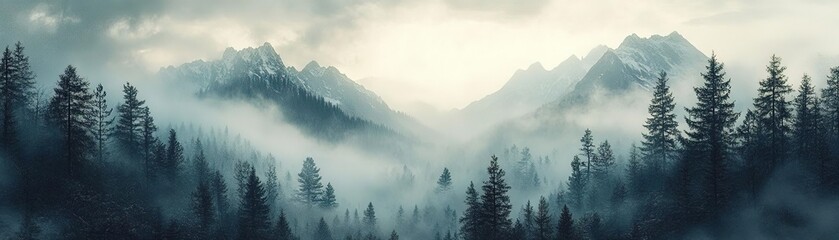 Misty mountains enveloped in a serene fog, surrounded by lush trees, creating a tranquil atmosphere for nature lovers.