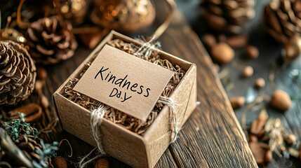 World Kindness Day Gift box with a handwritten "Kindness" note placed on a wooden table, World Kindness Day, acts of kindness and generosity