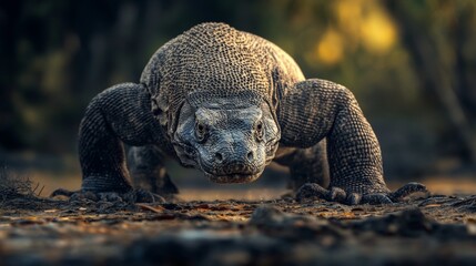 Obraz premium A large Komodo dragon walks towards the camera with its mouth closed, staring directly at the viewer.