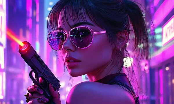 Cyberpunk woman with sunglasses holding gun with ai generated.

