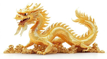 A stunning golden dragon sculpture, intricately detailed and symbolizing power and strength, set against a clean white backdrop.