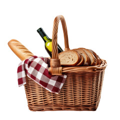 Wicker basket with bread and wine