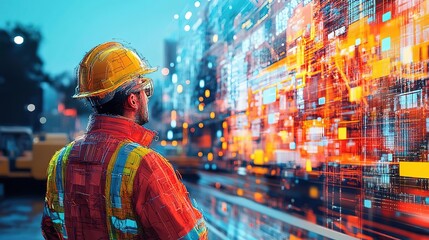 Fototapeta premium A worker in a safety helmet observes vibrant digital data overlay at a construction site, symbolizing technology and innovation.