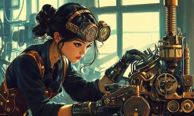 Steampunk woman engineer working on machinery with ai generated.
- Powered by Adobe