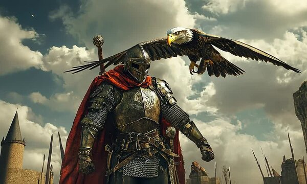 Knight in armor with flying eagle in battle with ai generated.
