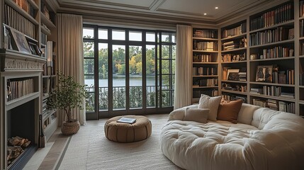 Cozy reading nook featuring a plush couch, bookshelves, and a serene view of nature through large windows.