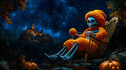 A smiling skeleton sits in a rocking chair outside, holding a pumpkin, with a spooky castle in the background. A skeleton prepared for Halloween. A skeleton in a woolly orange sweater and hat.