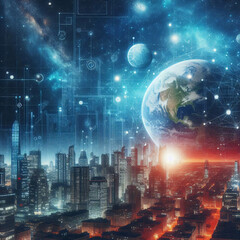 Fototapeta premium A futuristic cityscape with an oversized Earth looming in a star-filled sky