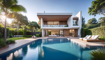 Fototapeta premium Modern house with pool under clear sky