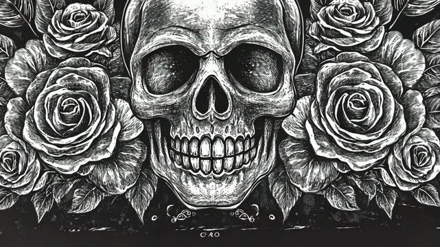 A detailed black and white illustration of a skull surrounded by roses