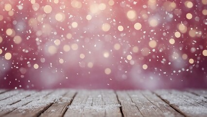 Rustic wood mockup table surface with pink winter snowflakes bokeh background
