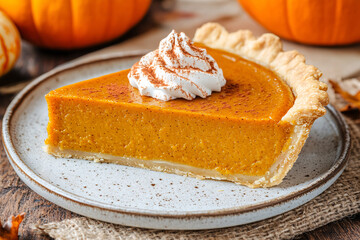 slice of pumpkin pie on a wooden table