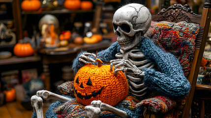 Fototapeta premium Smiling skeleton sits on a rocking chair at home and knits with pumpkins on his lap. Skeleton prepared for Halloween. Skeleton in a woolen sweater. Pumpkins embroidered on knitting needles.