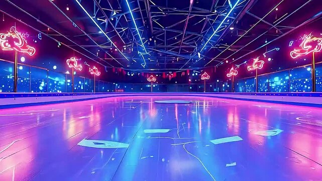 an empty ice rink  with  neon lights  and  neon signs .