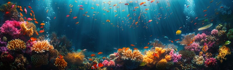 Fototapeta na wymiar Brightly colored coral reef with lots of fish swimming in the water, sea life , travel concept