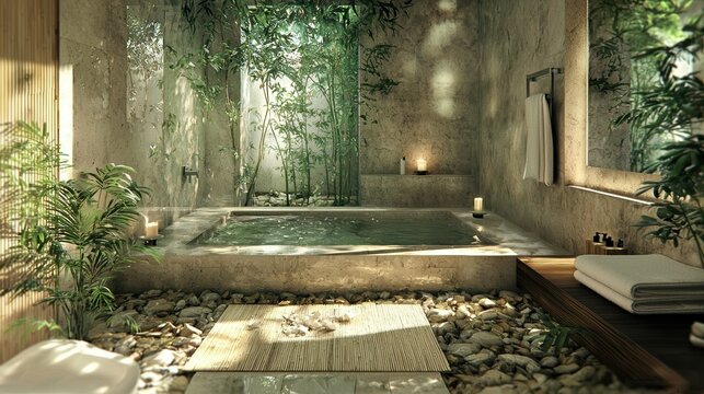 Serene Japanese Zen Bathroom Oasis with Natural Stone and Bamboo Elements