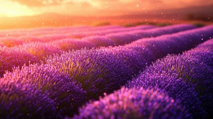 Obraz premium Tranquil Sunset Over Lavender Fields Scenic Purple Landscape with Rows of Flowers and Golden Light Serenity in Nature