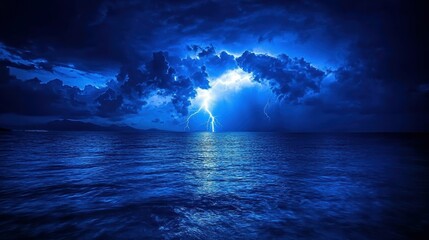 Sheet lightning illuminating a calm sea surface like a mirror