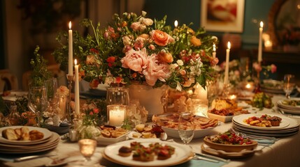 A stunning dinner table with candles and floral centerpieces hosts lively, joyful conversations.