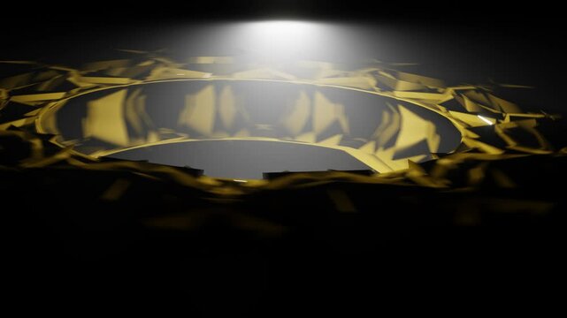ancient relic 3d flying in the scene while rotating, ancient structure UFO, sudharshan chakra concept, alien weapon and ship sci fi concept with mystery. 4K